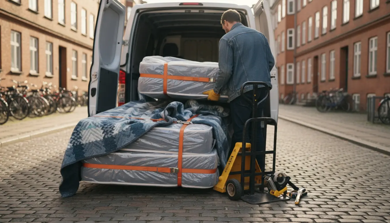 To indpakkede madrasser læsses ind i en hvid varevogn på en københavnsk gade.