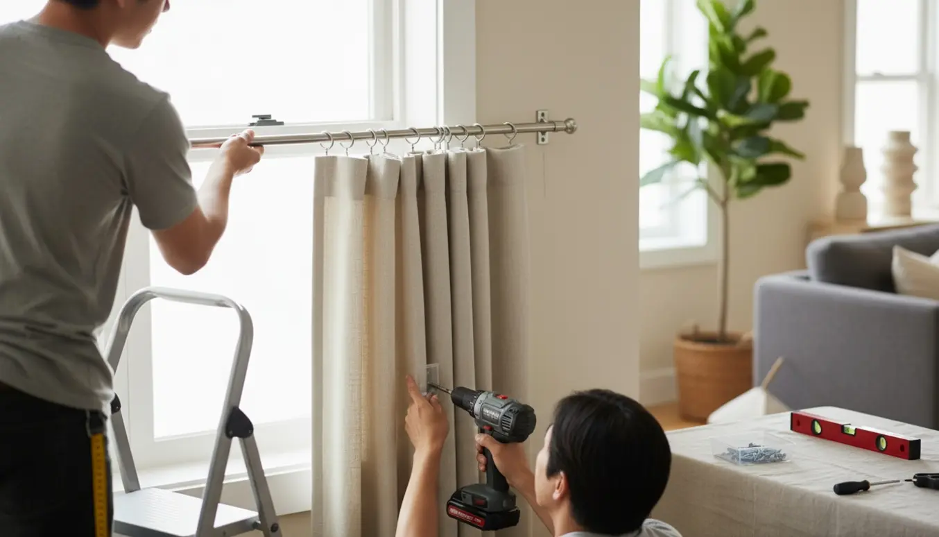Nærbillede af gardinmontering med en person på en stige, værktøj og delvist hængte gardiner i et lyst stuevindue.