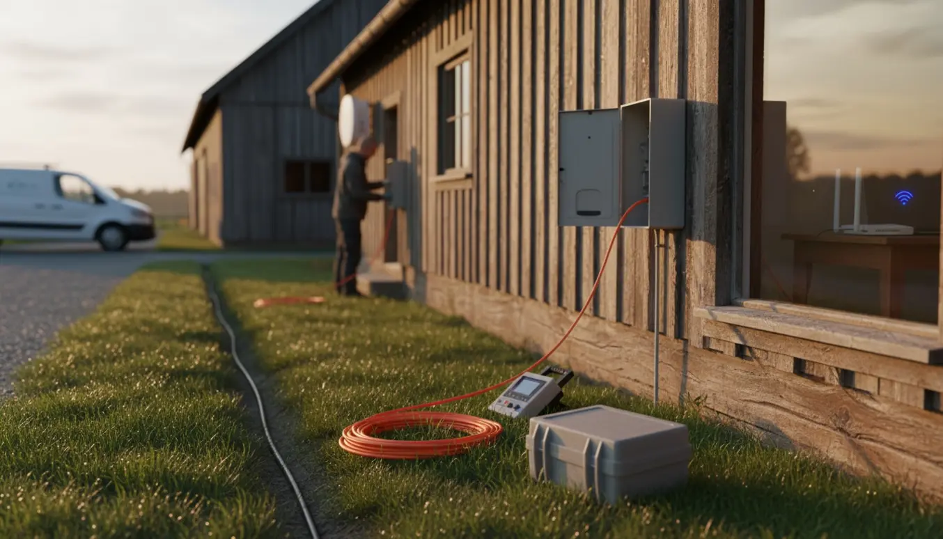 Tekniker tilslutter fiberkabel ved et hus og lade i landlige omgivelser for at forbedre wifi.