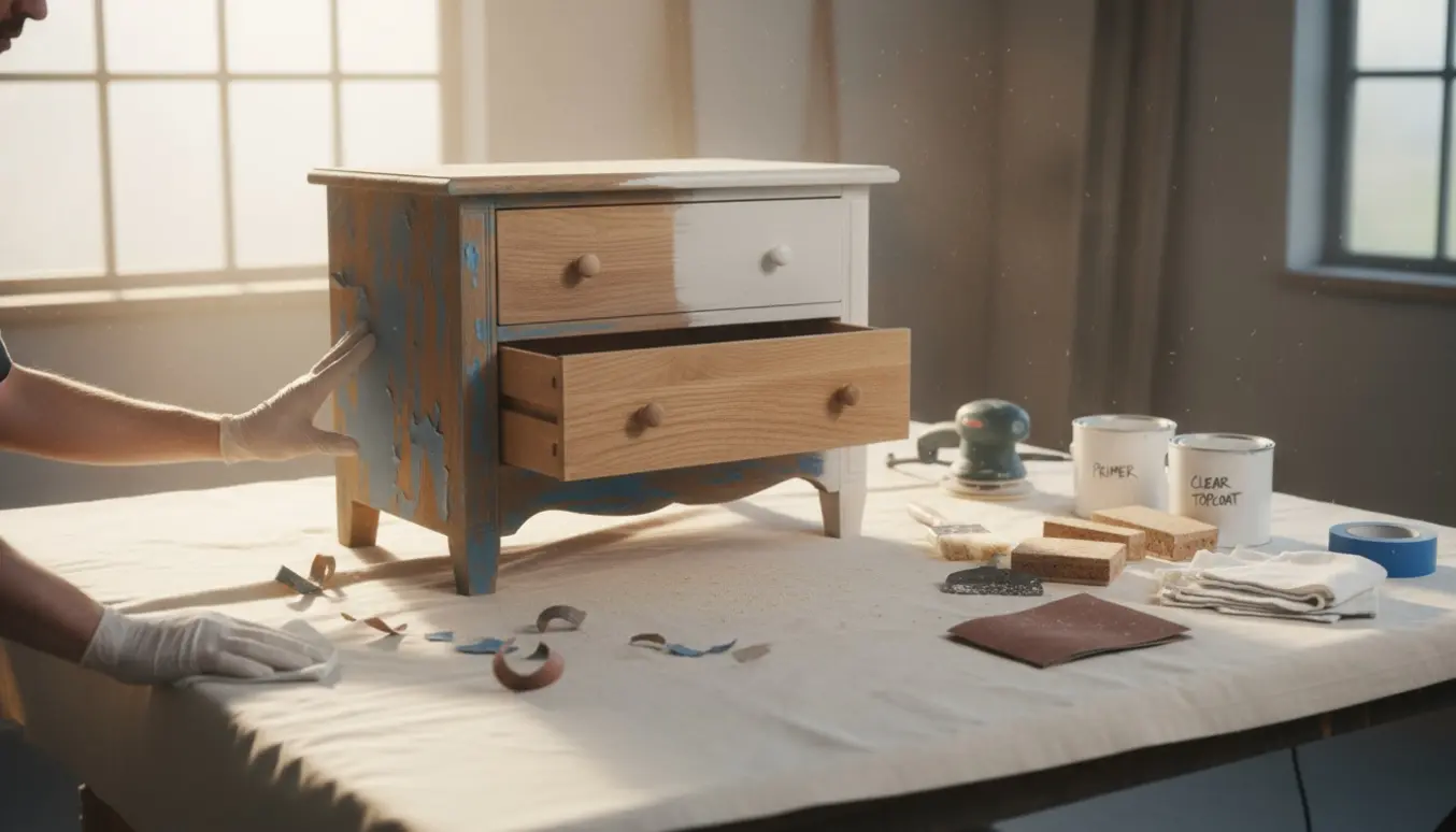 Lille kommode med fire skuffer under slibning og lakering på et lyst værksted, med værktøj og materiale omkring.