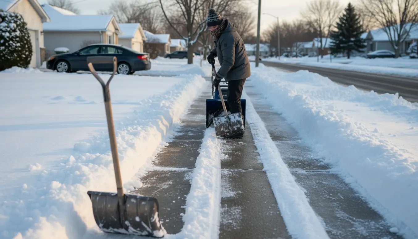 Rydning af sne fra indkørsel, fortov og cykelsti med tre ryddede, ca. 5 meter lange sektioner.