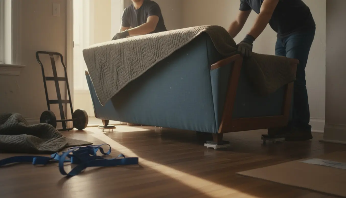 To personer flytter en sofa gennem en smal døråbning med flyttetæppe og møbelhjul.