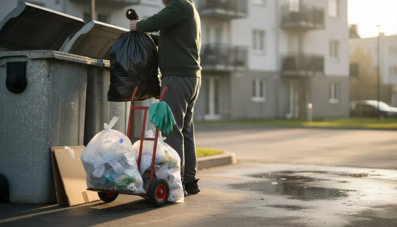 En person bærer skraldeposer mod fælles affaldscontainere uden at vise ansigtet.