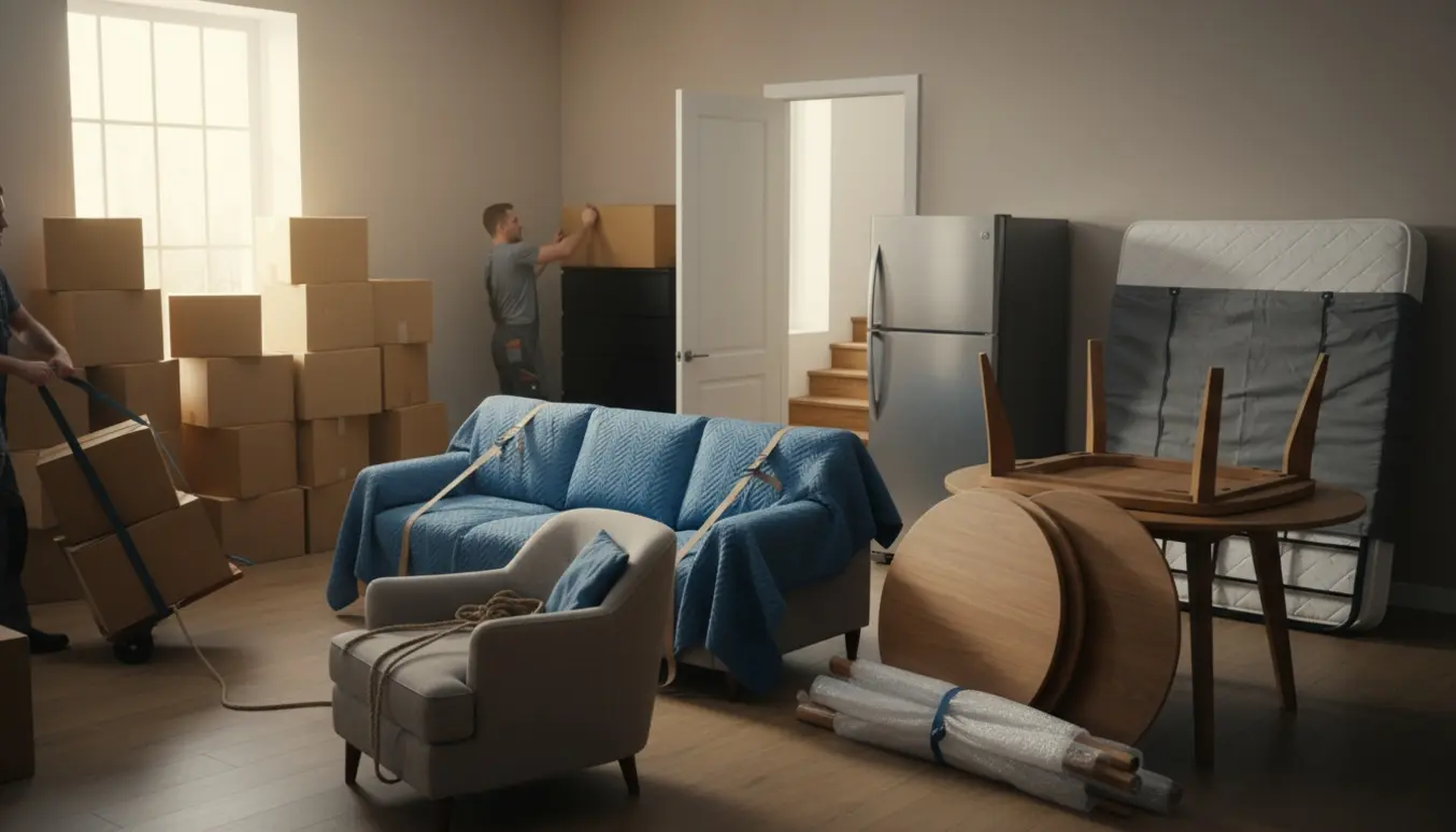 Stue med omkring 20–30 flyttekasser og møbler klar til flytning, inkl. tremandssofa, lænestol, dobbeltseng, sort kommode og stort køleskab.