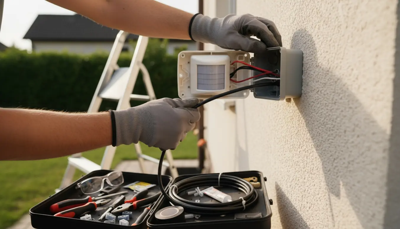 Hænder monterer en udendørs bevægelsesføler og trækker nyt kabel langs husfacaden.