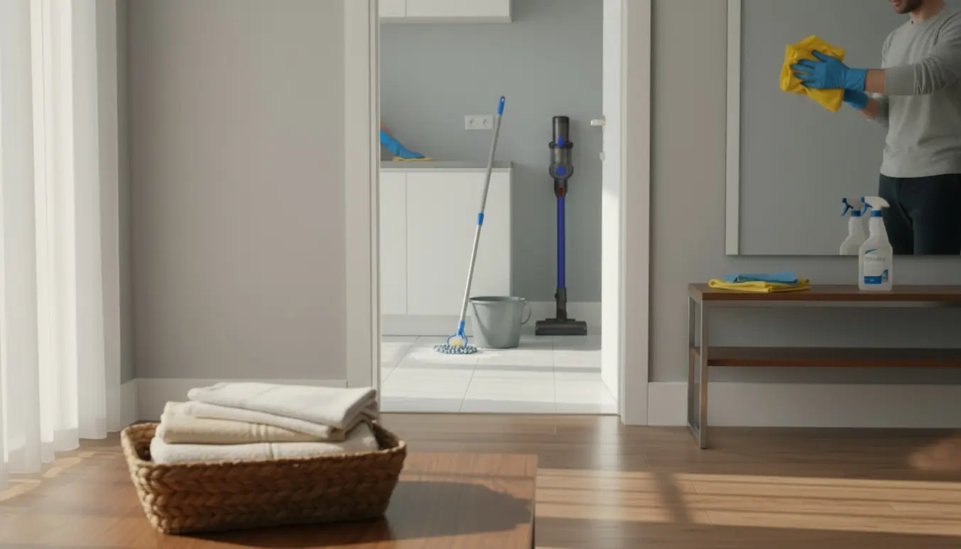 En handske‑klædt person pudser et spejl med rengøringsmidler ved siden af en kurv med sammenlagt vasketøj i et lyst hjem.