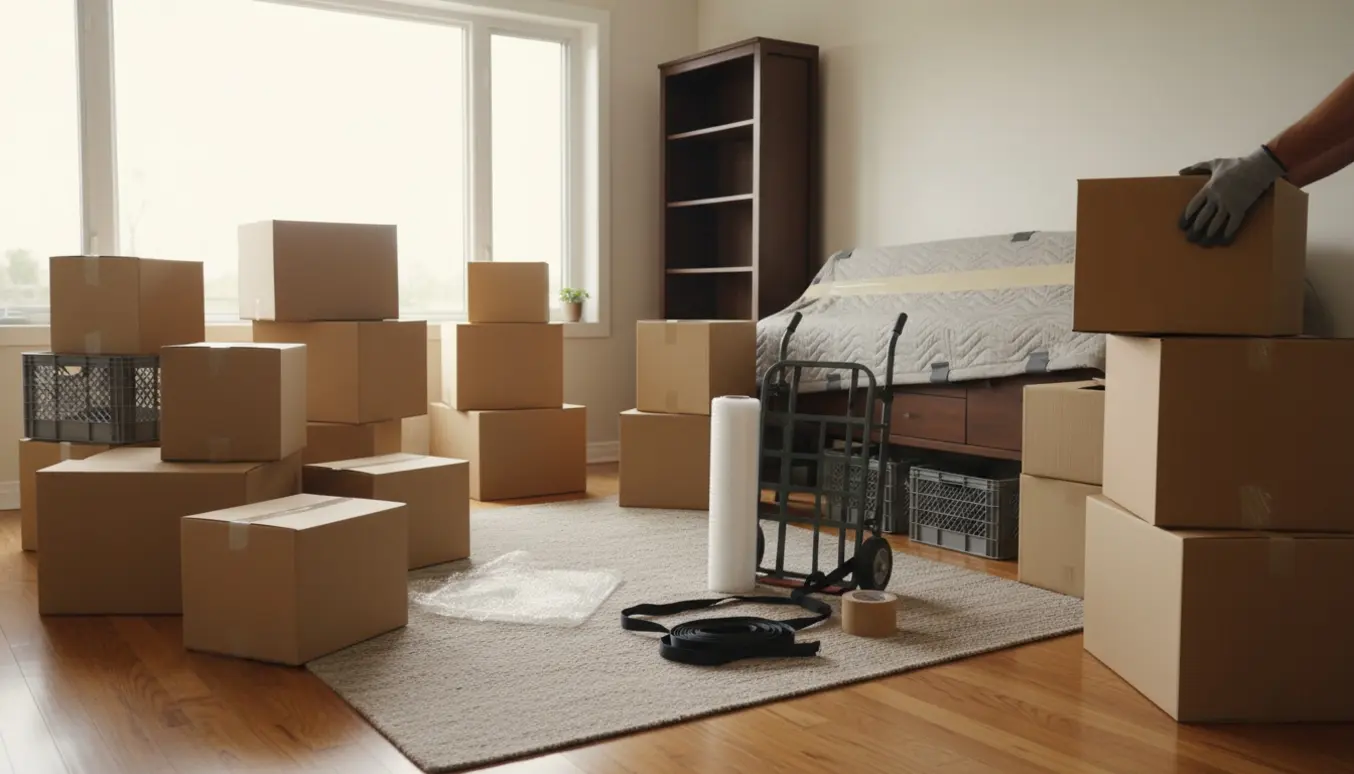 Stue med stabler af flyttekasser og en indpakket reol og skænk klar til privat flytning.