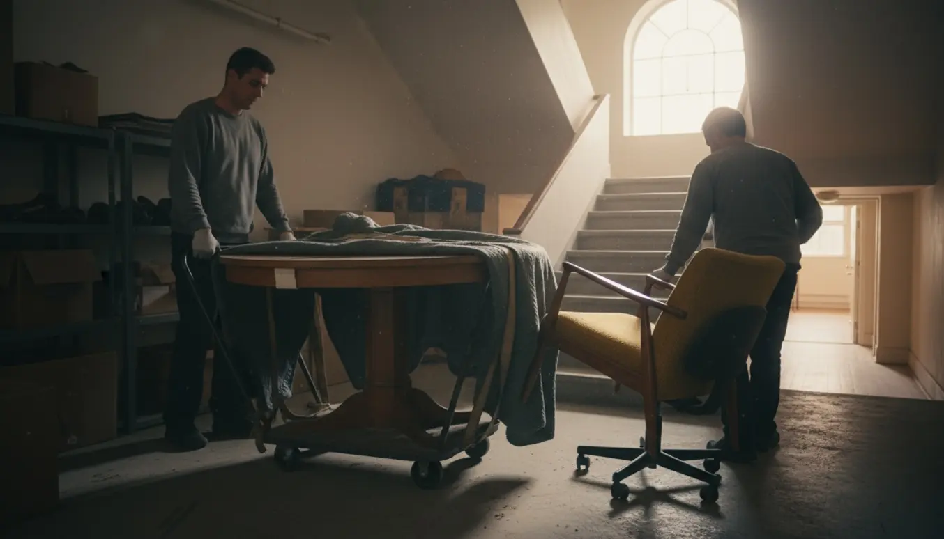 Møbler — lænestol, rundt bord og lille kontorstol på hjul — bæres fra kælderrum gennem opgang mod en solbelyst lejlighedsdør.