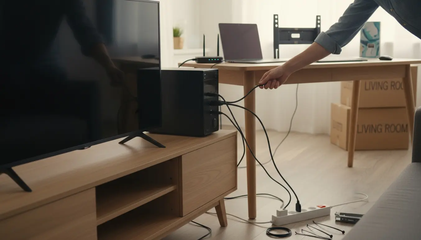 Hænder tilslutter HDMI- og strømkabler til et TV og en computer i en nyindrettet stue.