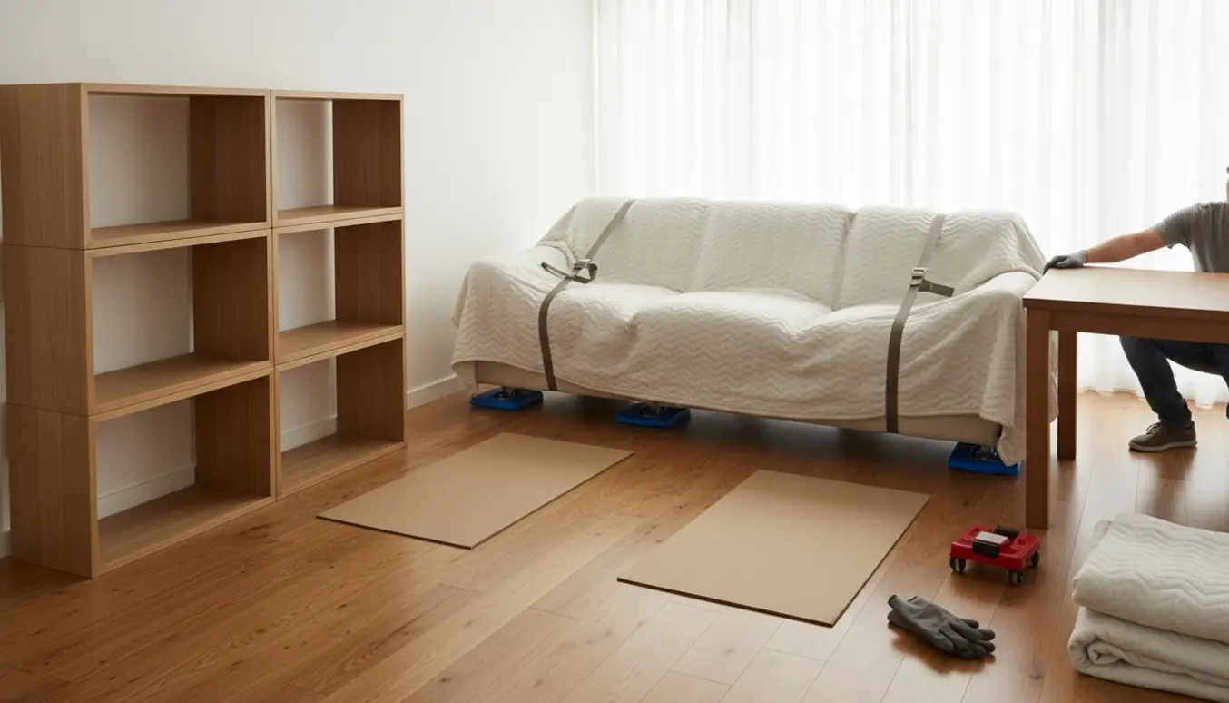 Hjørnesofa og seks tomme reoler flyttes rundt i en lys stue, mens spisebord skubbes til den anden side.