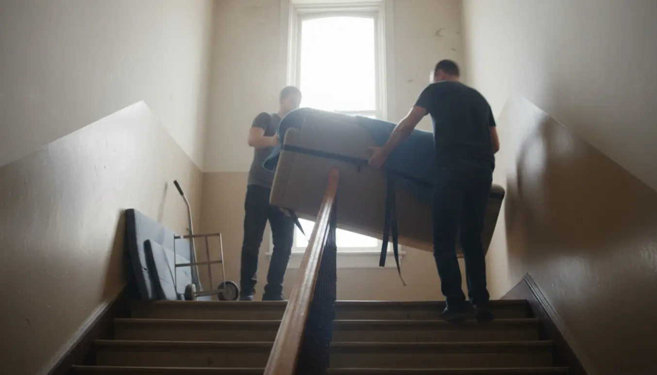 To flyttemænd bærer en polstret sofa op ad en solbelyst trappeopgang mod en lejlighed på 4. sal.