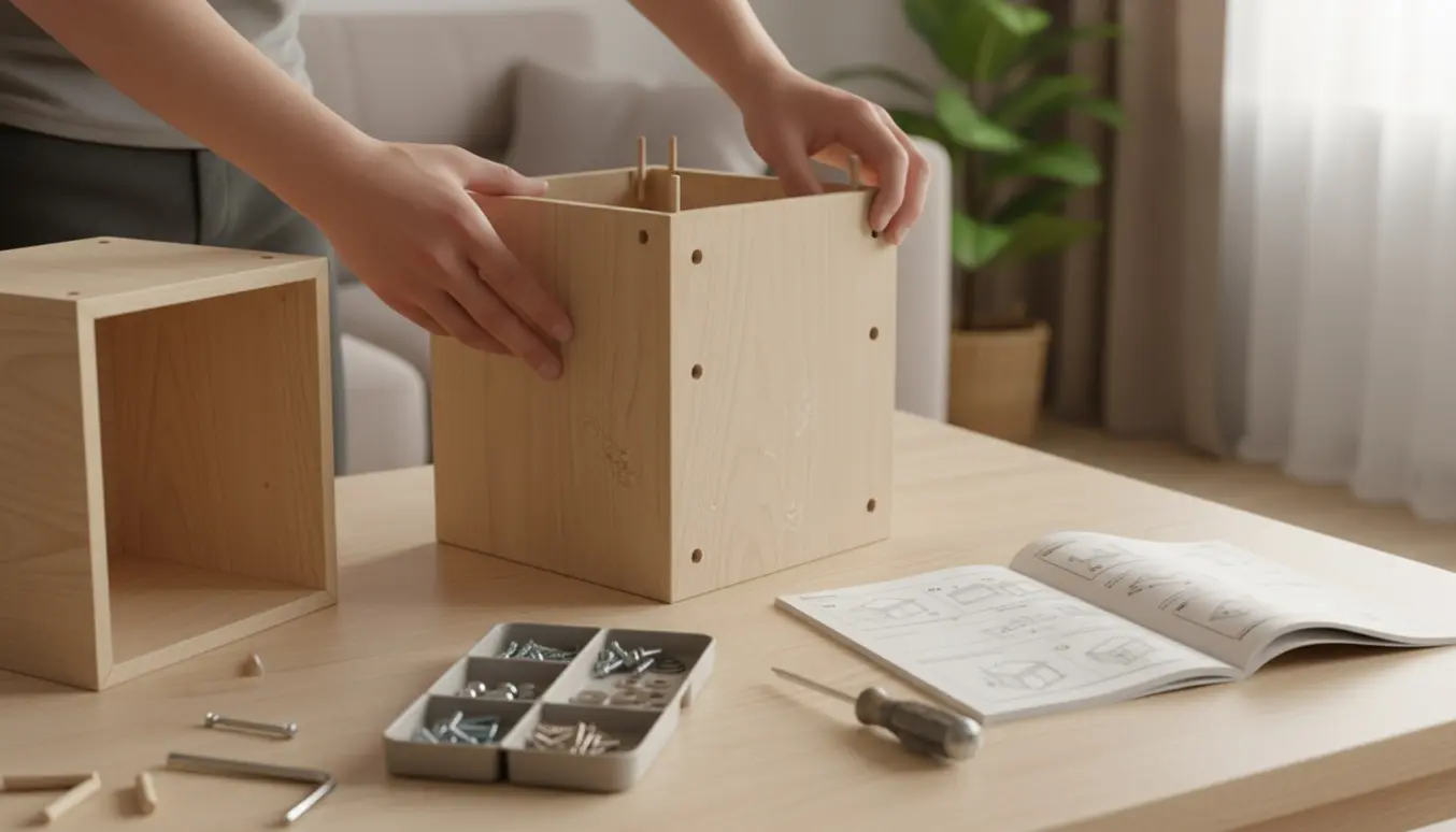 Hænder samler et lille fladt pakkeskab med træpaneler, skruer og vejledning på et lyst bord.