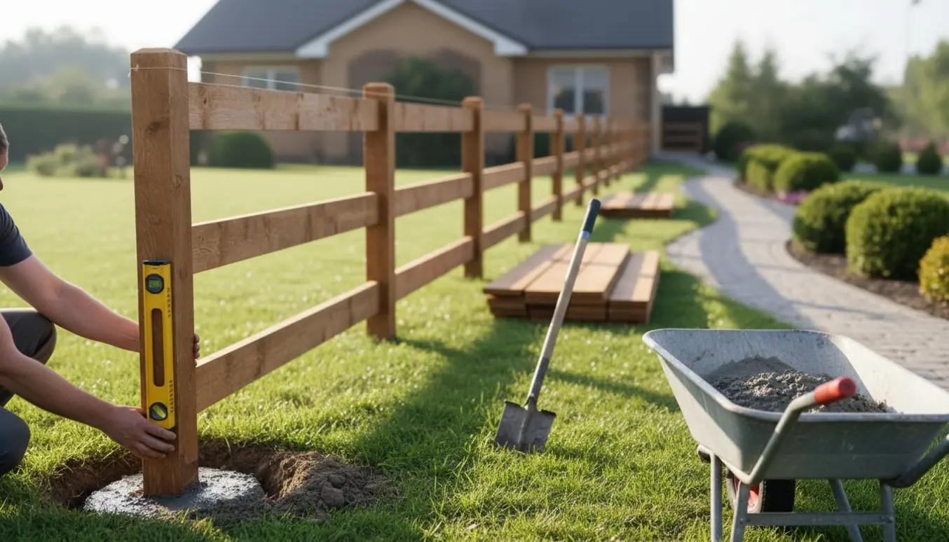 Panelhegn sættes op foran et hus med stolper støbt i beton og et vaterpas, mens en håndværker arbejder.