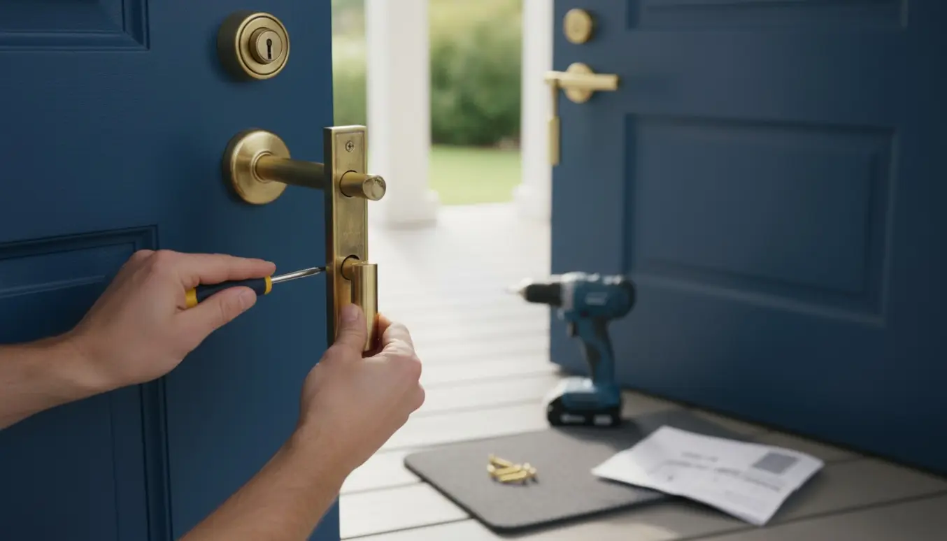 Hænder monterer et antikt Habo A4472-dørgreb på en blå dobbelt yderdør med synlig cylinderring.