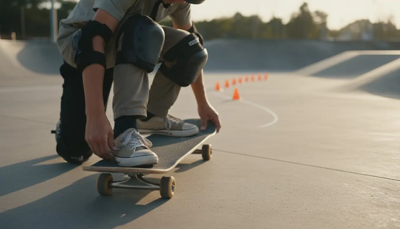 En instruktør justerer en elevs fodstilling på et skateboard i en skatepark uden synlige ansigter.