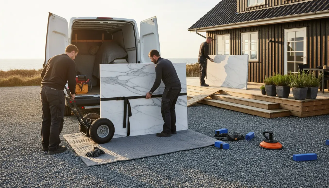 To personer løfter og flytter en tung marmorsplade med flytteseler fra varevogn til terrasse.
