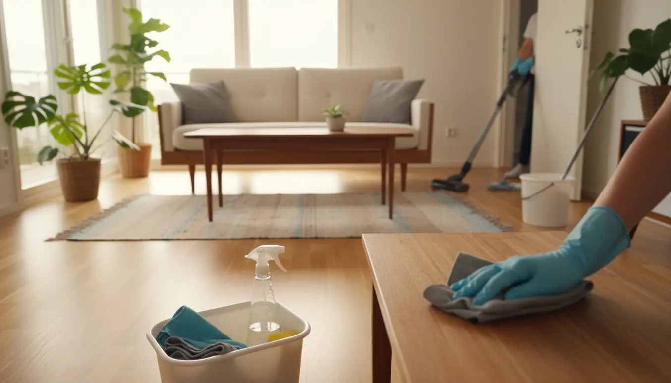 Handskerens person pudser et træbord i en lys og velordnet lille bolig med rengøringsudstyr i baggrunden.