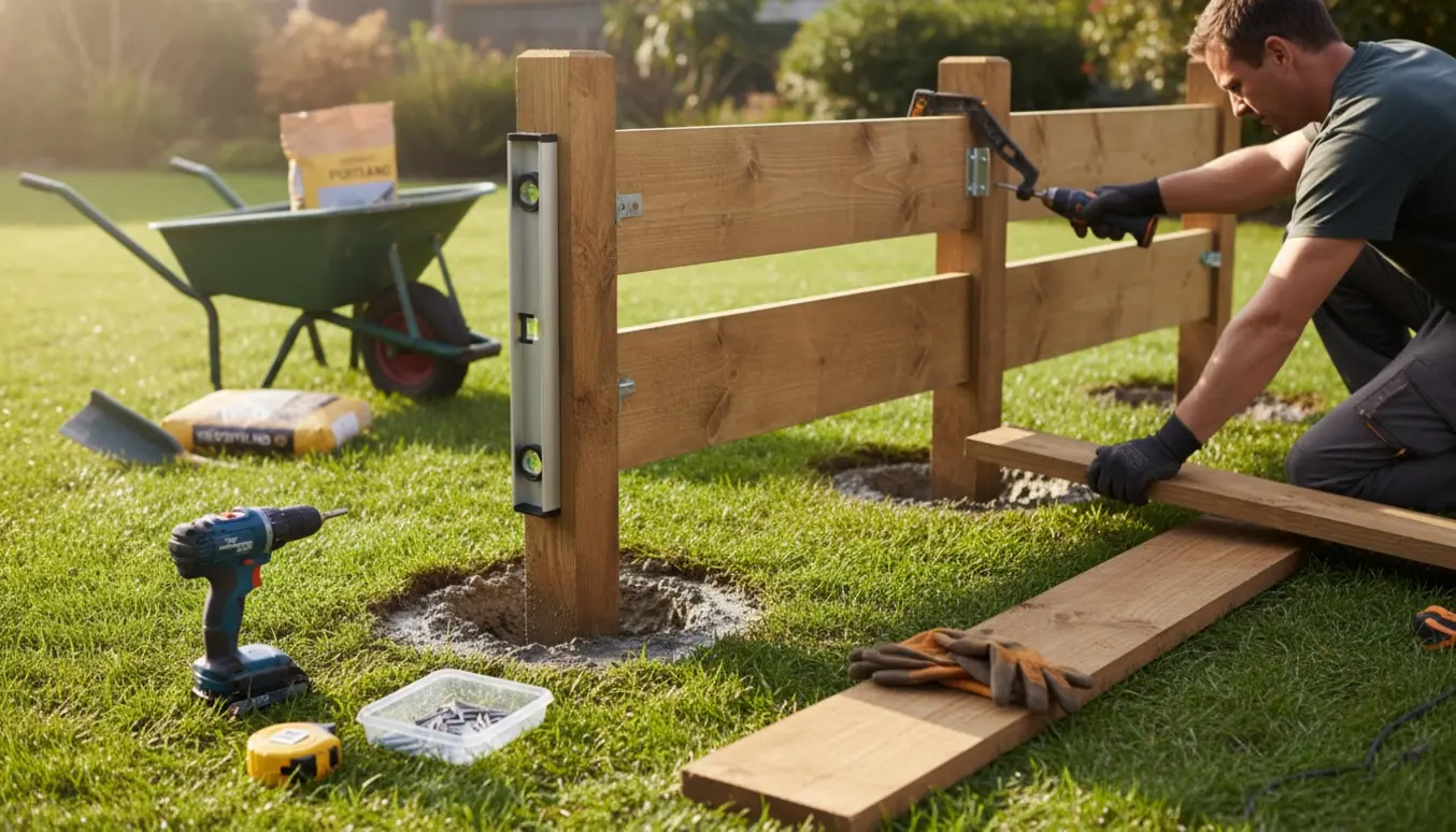 To nystøbte hegnspæle i våd beton med to hegnssektioner halvmonteret og værktøj i forgrunden.