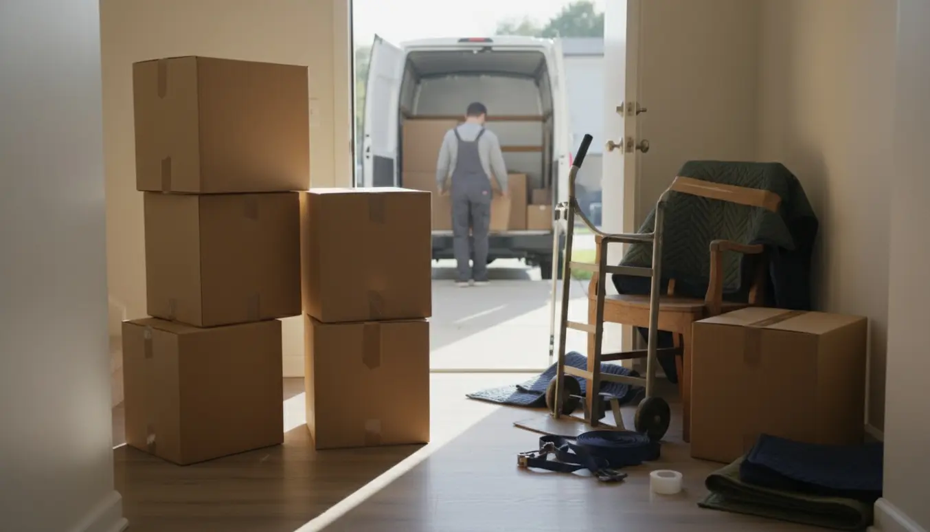 Ti fyldte flyttekasser og en stol pakket ved indgangen, klar til at blive læsset i en varevogn.