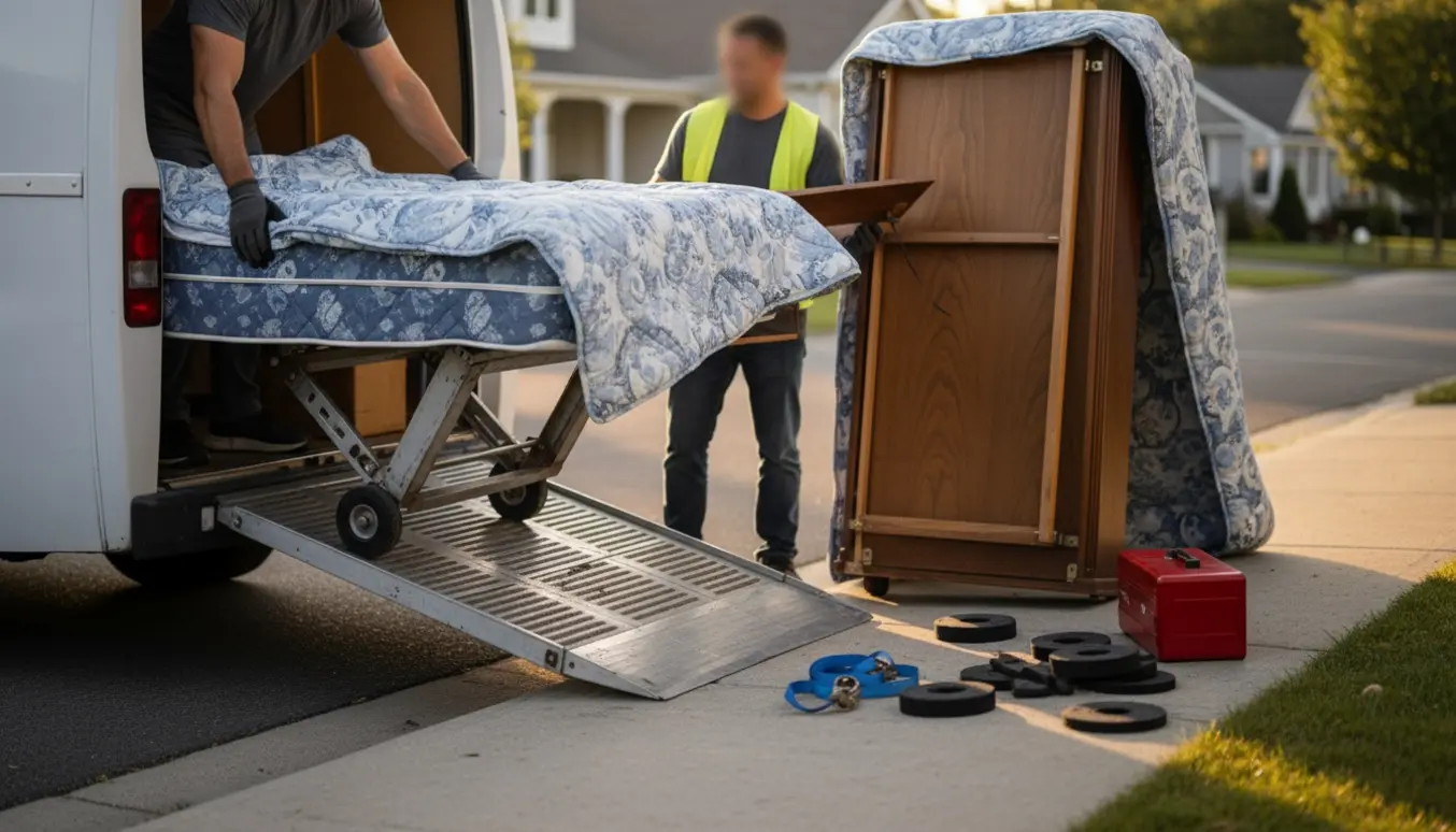To flyttefolk læsser en madras og et klædeskab ind i en lille flyttevogn på en stille villavej, ansigter er ikke tydelige.