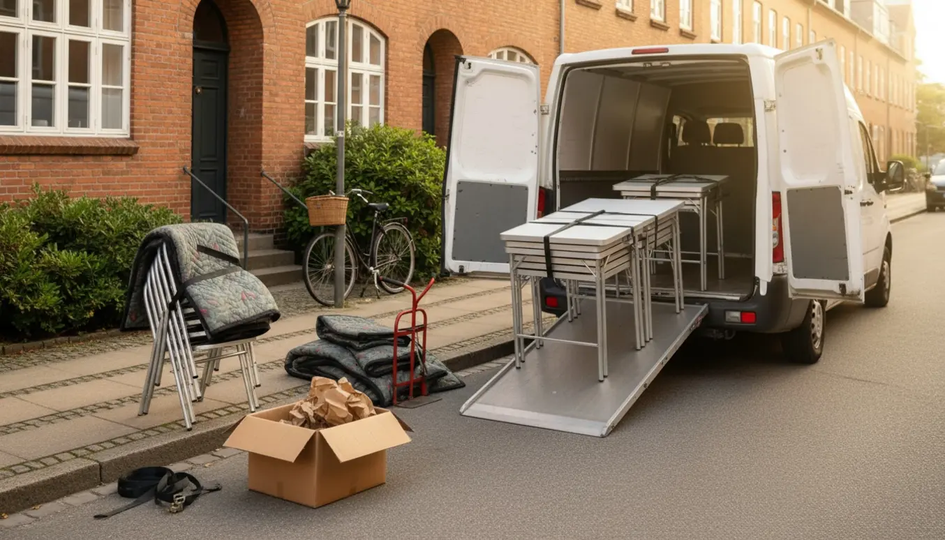 Flyttebil foran et dansk rækkehus mens 4–6 lette klapborde og to stabler med i alt 16 klappestole bliver læsset.