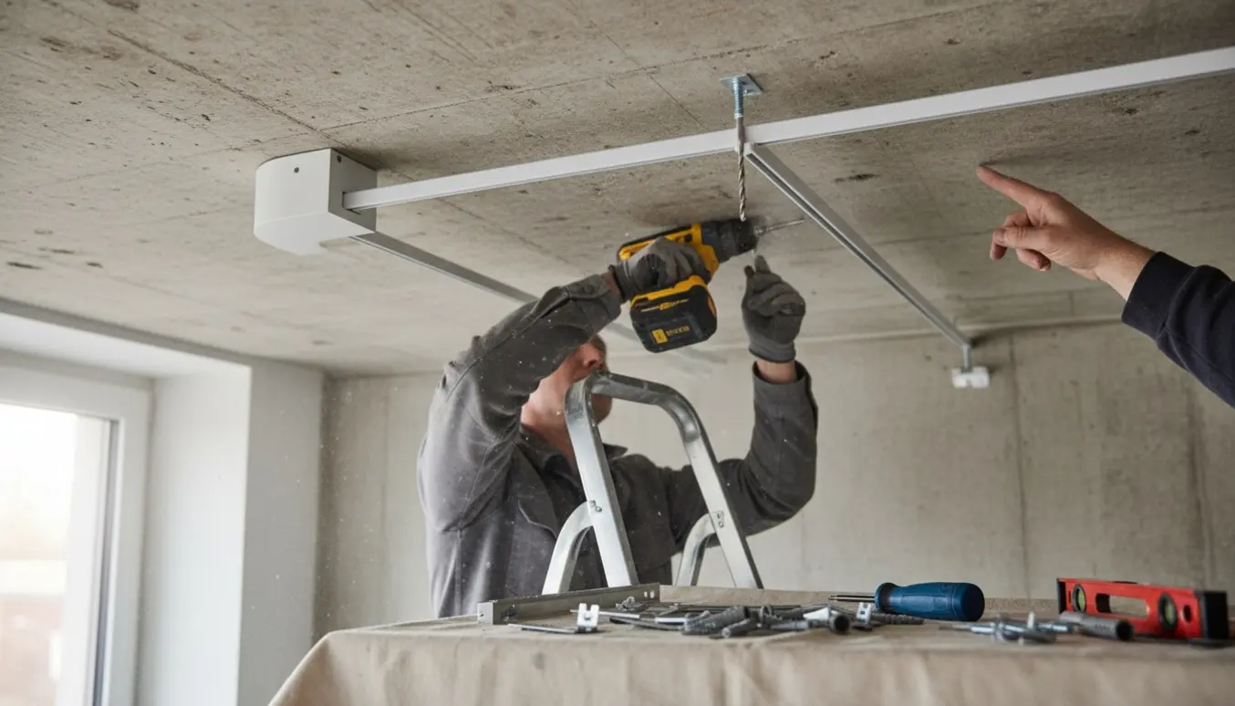 Nærbillede af montering af to IKEA VIDGA gardinskinner i betonloft med borehammer, rawlplugs og en 4-trins stige.