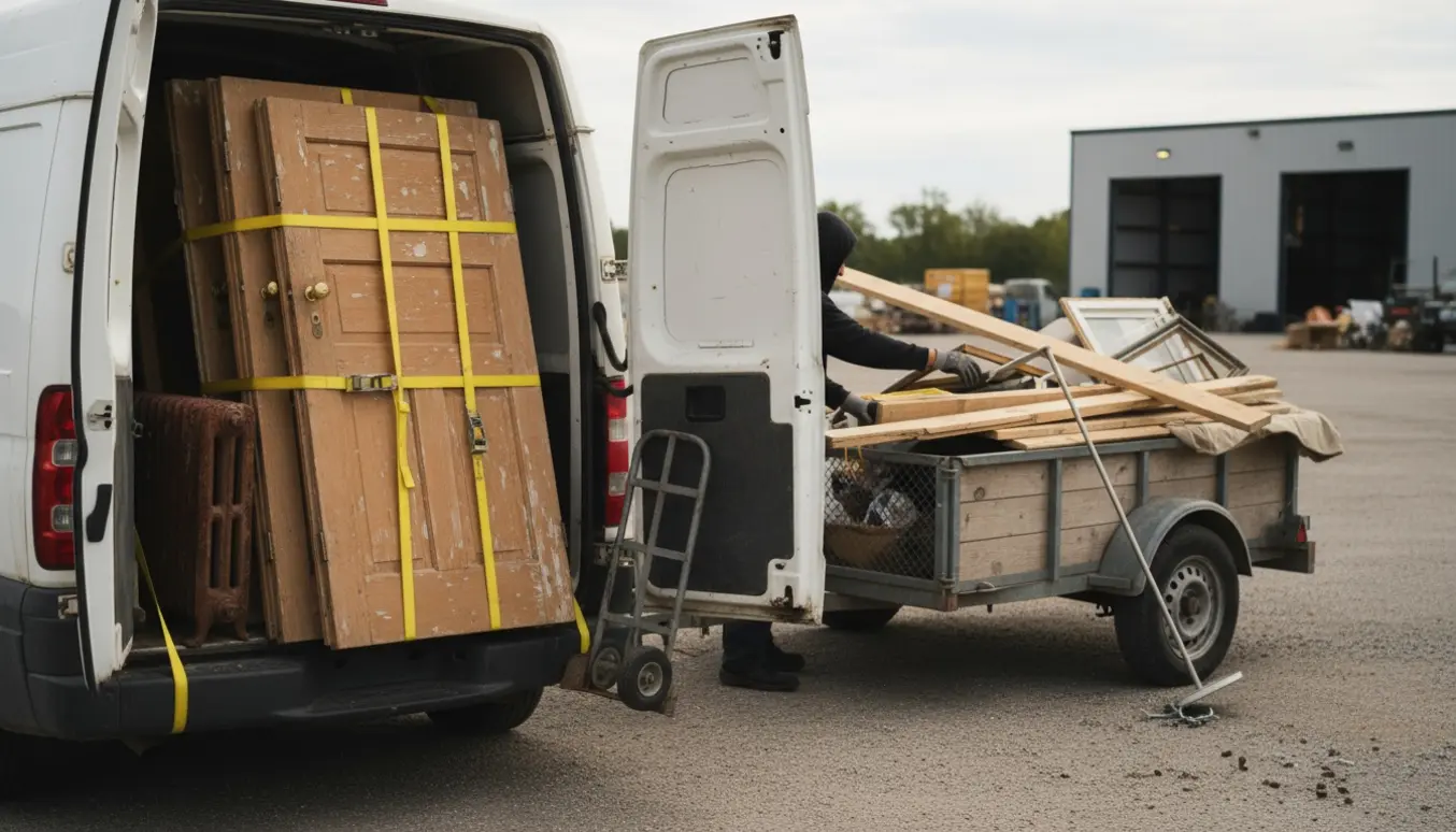Åben varevogn og trailer med døre, radiator og plader klar til aflevering ved genbrugsstationen.
