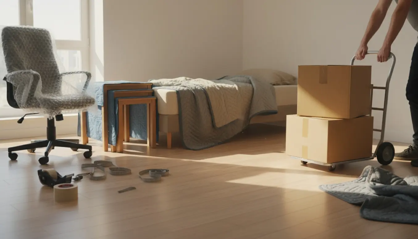 Seng, to borde, en kontorstol og to flyttekasser pakket og klar til flytning i en lys stue.