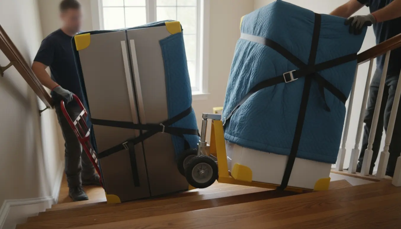 To personer bærer et køleskab og en vaskemaskine ned ad en trappe fra 2. sal med flyttetæpper og trappetralle.