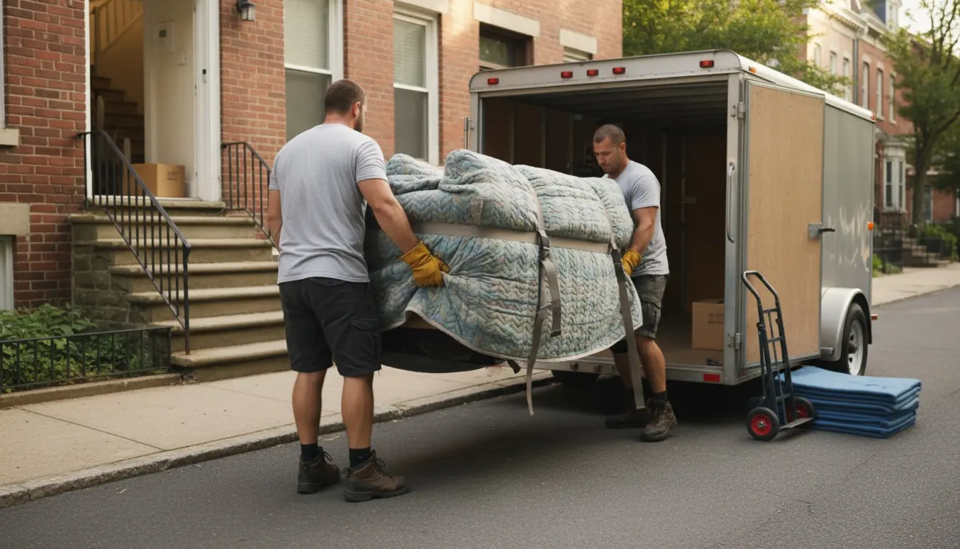To flyttemænd bærer en indpakket sofa ned ad udendørs trapper mod en åben trailer på en solrig sommerdag.