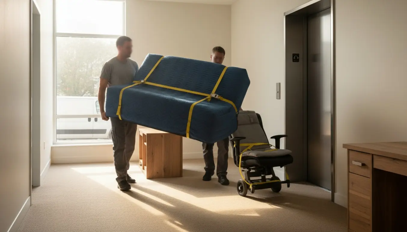 To flyttefolk bærer en sovesofa og et skrivebord gennem en lejlighedskorridor mod en åben elevator, med en kontorstol på en tralle.