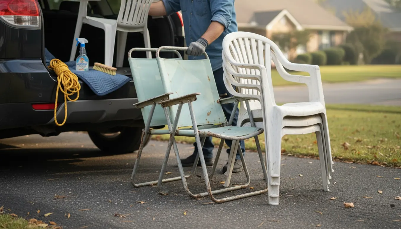 Fire brugte havestole ved en åben bilbagklap klar til at blive kørt til genbrugspladsen.