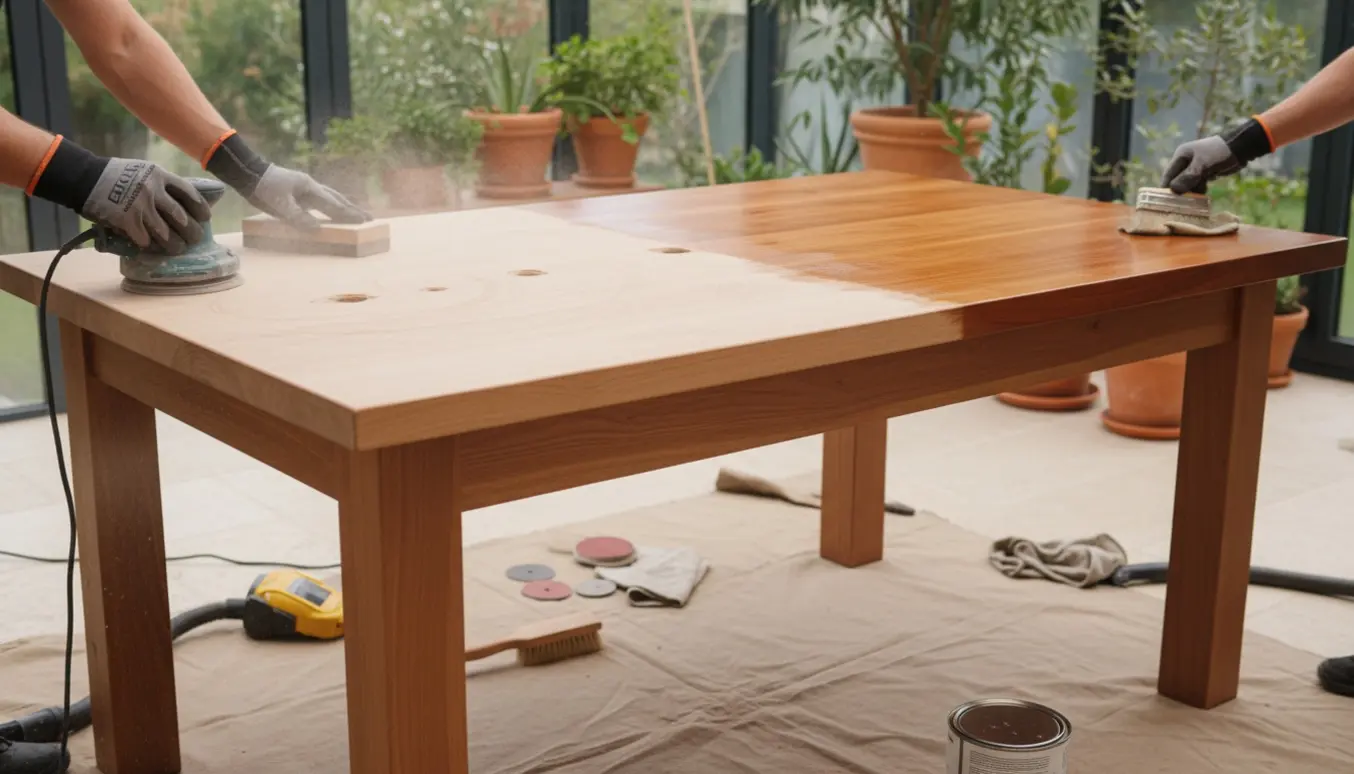 Kirsebærtræsbord på overdækket køkkenterrasse, halvslibet og halvfærdig olieret med værktøj omkring.