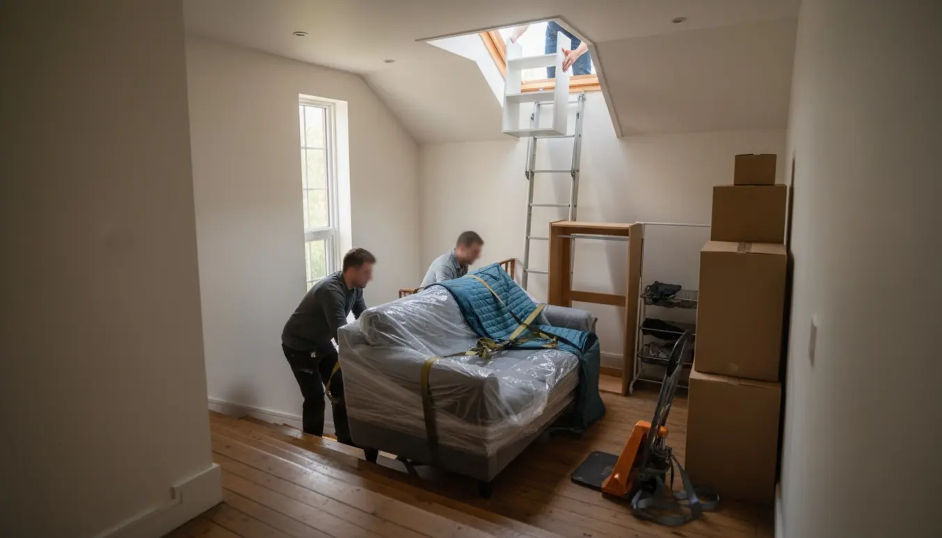 Flyttefolk bærer sofa ned ad opgang med flyttekasser og en hvid reol fra loftsrummet i baggrunden.