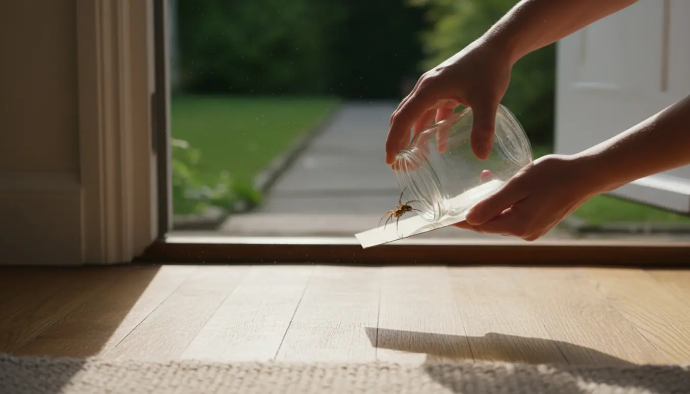 Hænder slipper en edderkop ud af huset med et glas ved en åben dør.