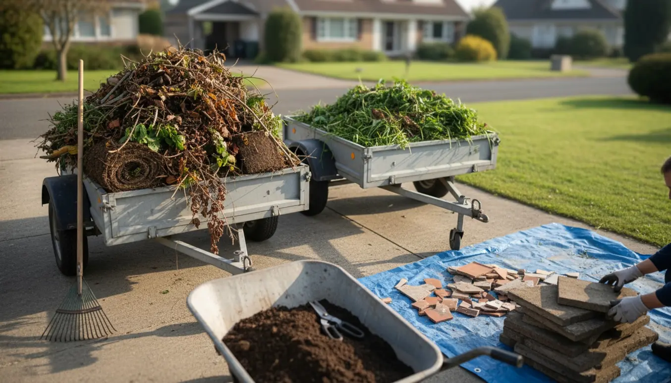 To små trailere med haveaffald og en bunke gamle fliser på indkørslen klar til afhentning.