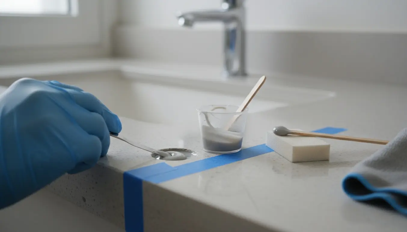 Nærbillede af reparation af et lille hak i en komposit bordplade med epoxy og små værktøjer.