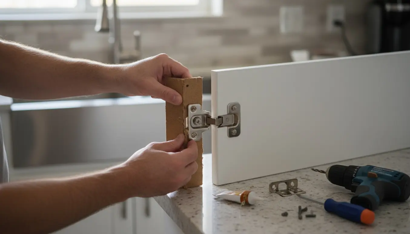 Nærbillede af hænder, der monterer nyt beslag på en køkkenlåge over et åbent underskab.