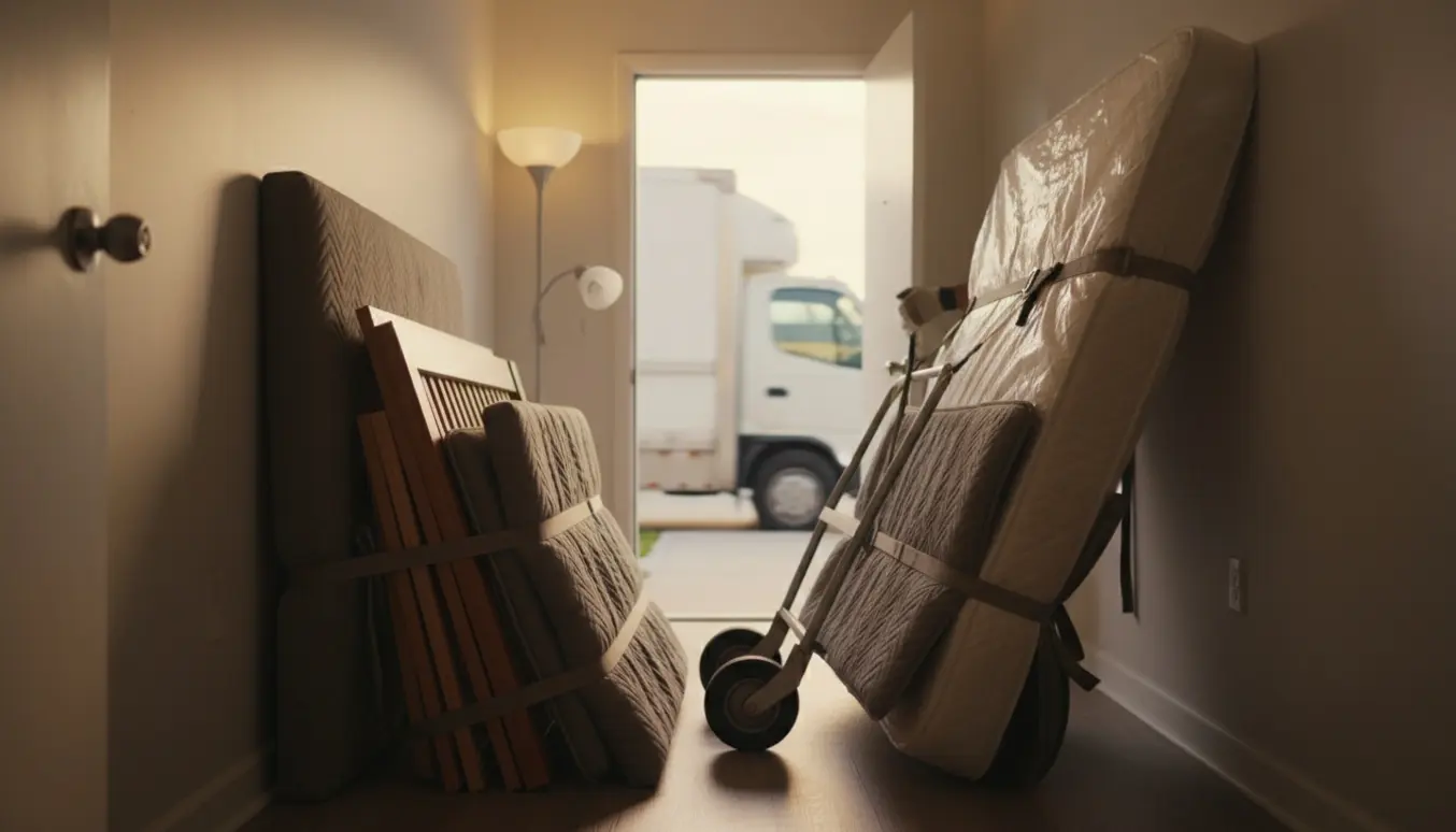 Delvist adskilt dobbeltseng bæres ud af en lejlighed om aftenen med flyttetæpper og løftestropper.