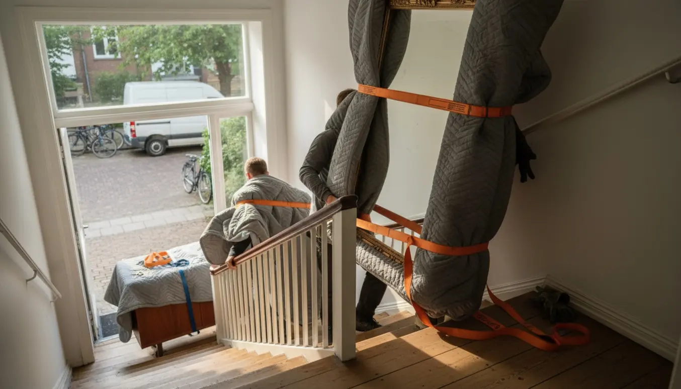 Flytning af et stort vintage-spejl og en træskænk op ad en smal lejlighedstrappe dækket af flyttetæpper og stropper.