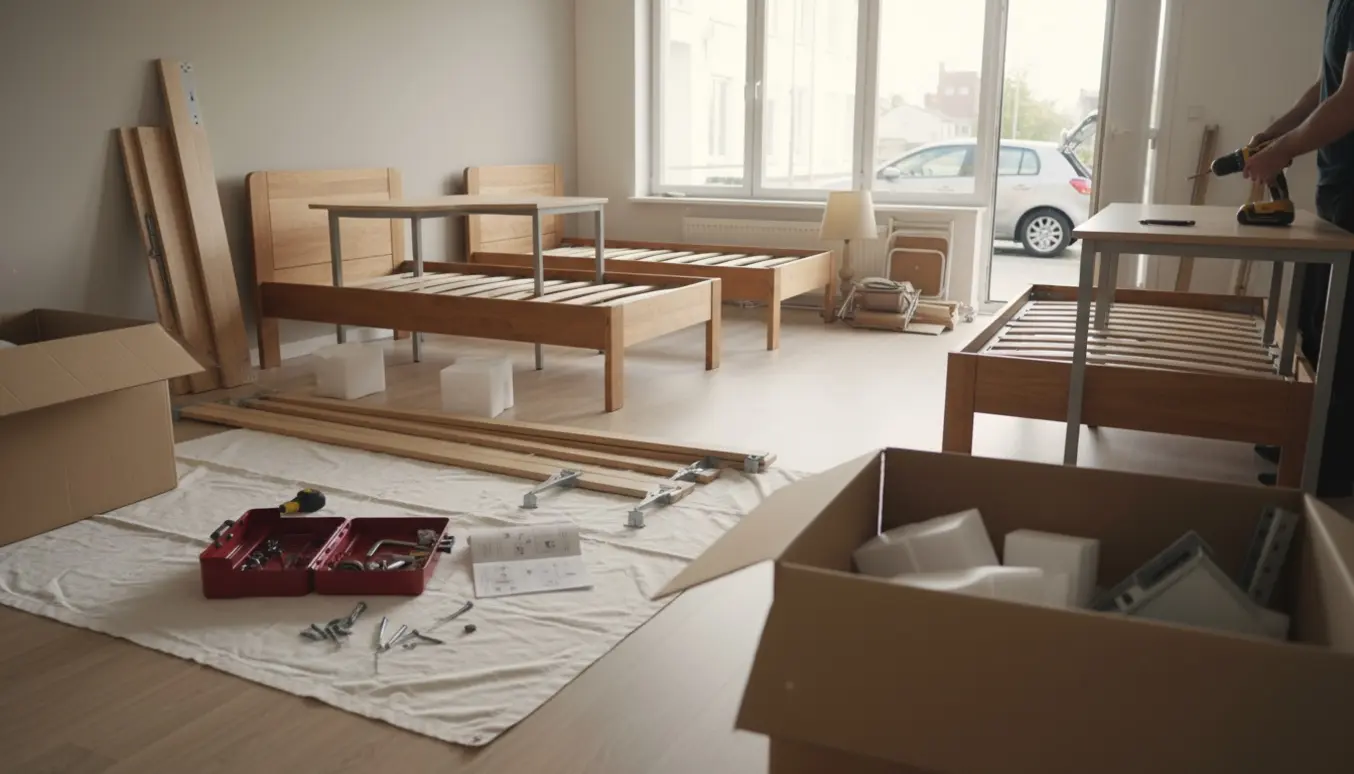 To enkeltsenge og to skriveborde er ved at blive samlet i et lyst rum med værktøj og åbne papkasser.