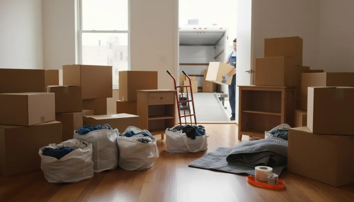 Stak af flyttekasser, tøjposer og små møbler i en lys entré klar til flytning.