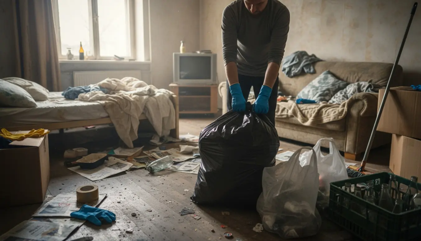Oprydning i en beskidt lille lejlighed med sorte sække og poser til tøj og pantflasker ved siden af sofa, seng og TV.