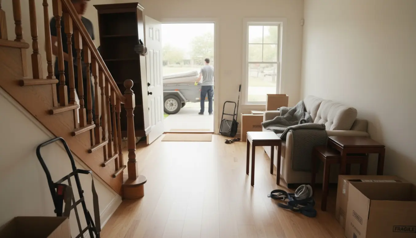 To flyttefolk bærer en bogreol ned ad trappen, mens sofa og stor madras læsses ind i en åben trailer.