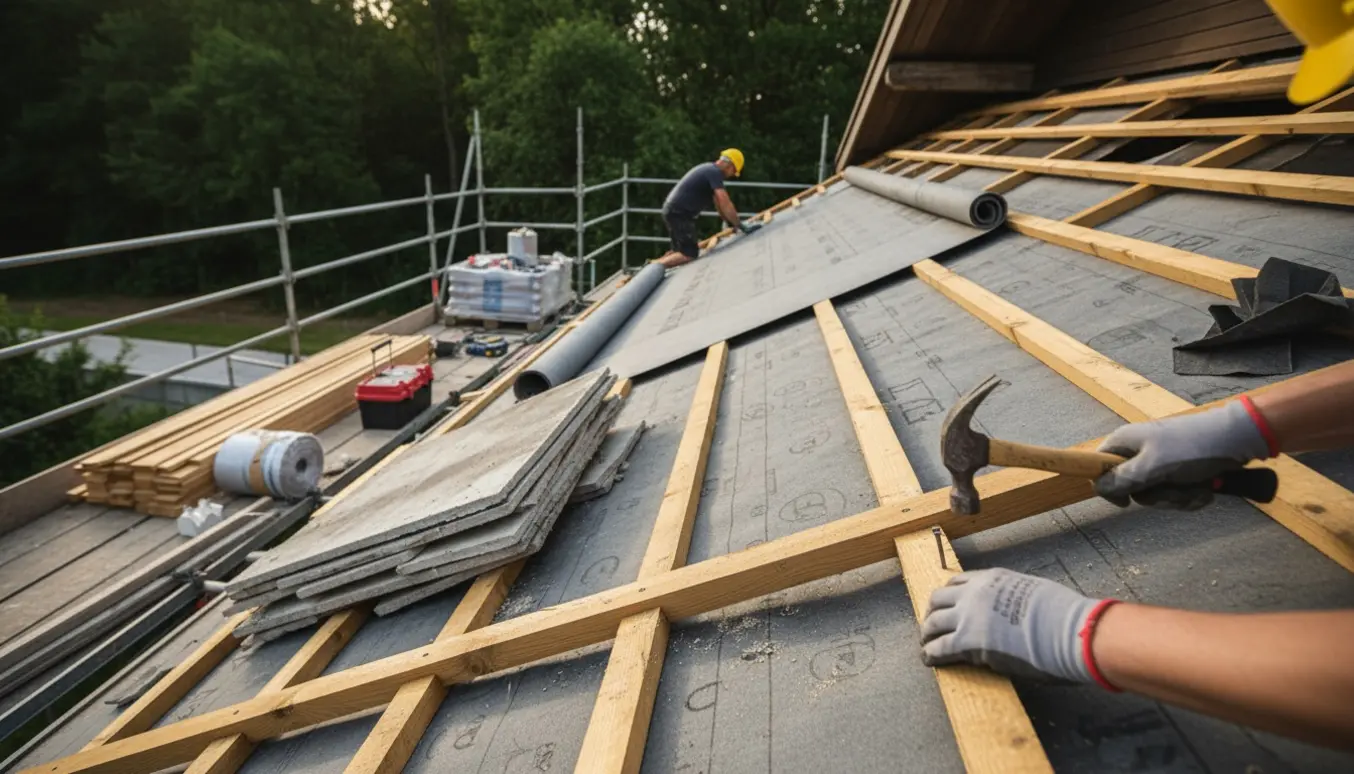 Tagudskiftning i gang med rullning af undertag og montering af taglægter ved et stillads.