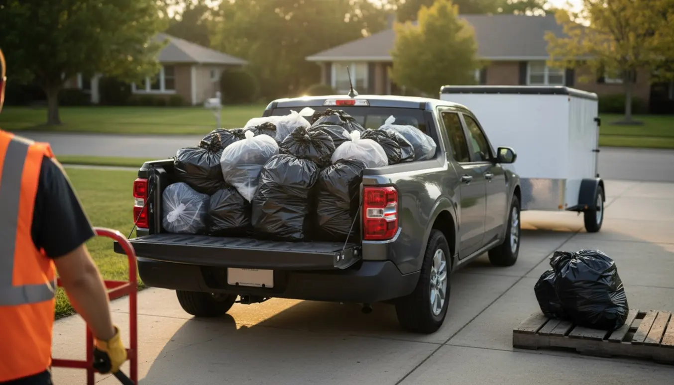 Tilhænger med omkring 25–30 bundne plastsække klar til bortkørsel, en arbejdshånd læsser dem ind med en trillebør.