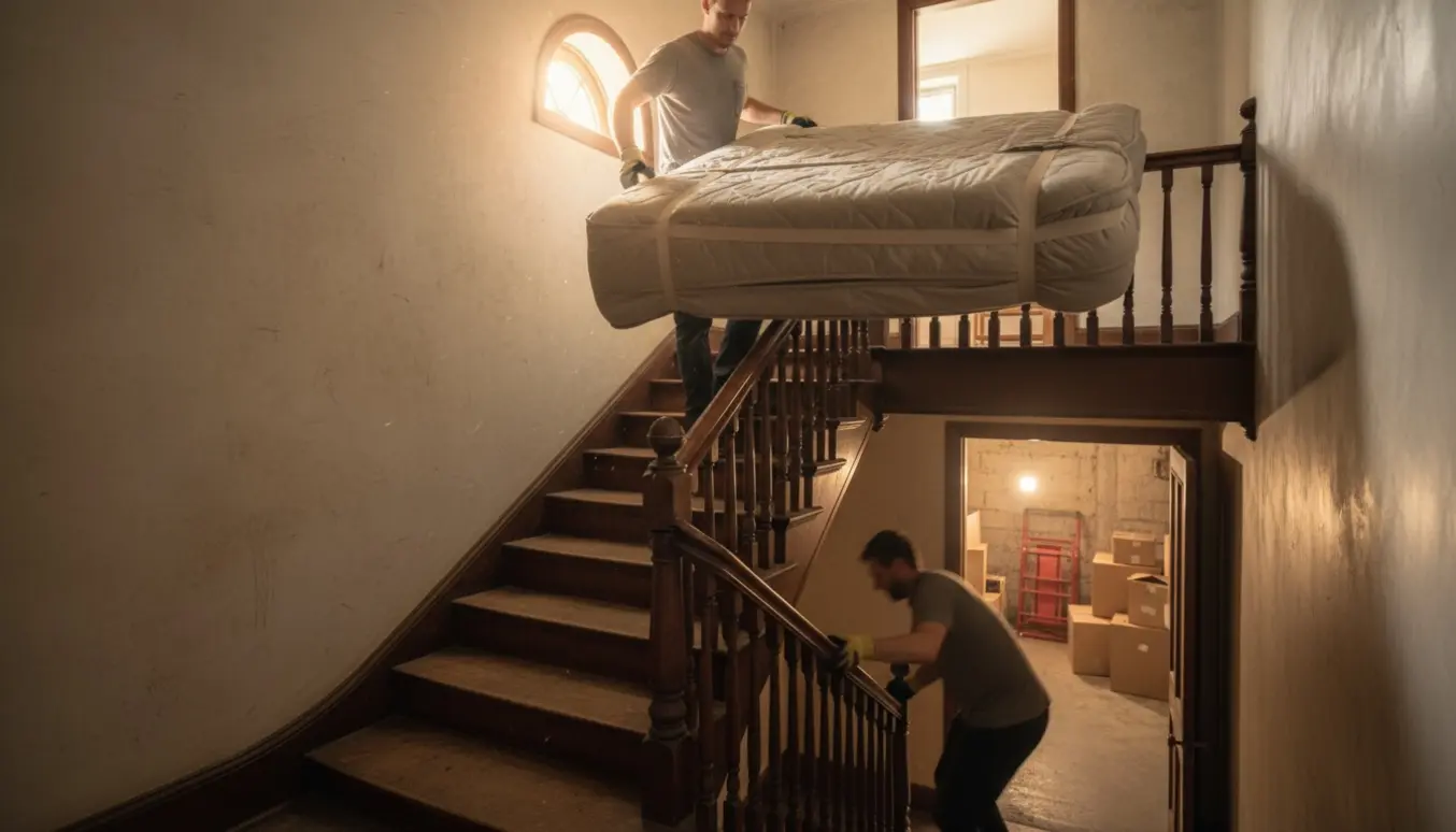 To flyttemænd bærer en indpakket dobbeltseng ned ad trappen til en villa-kælder.