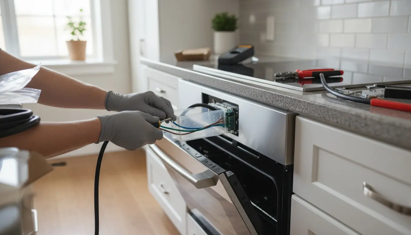 Handskerede hænder forbinder elektriske ledninger til en indbygget ovn i et nyinstalleret køkken.