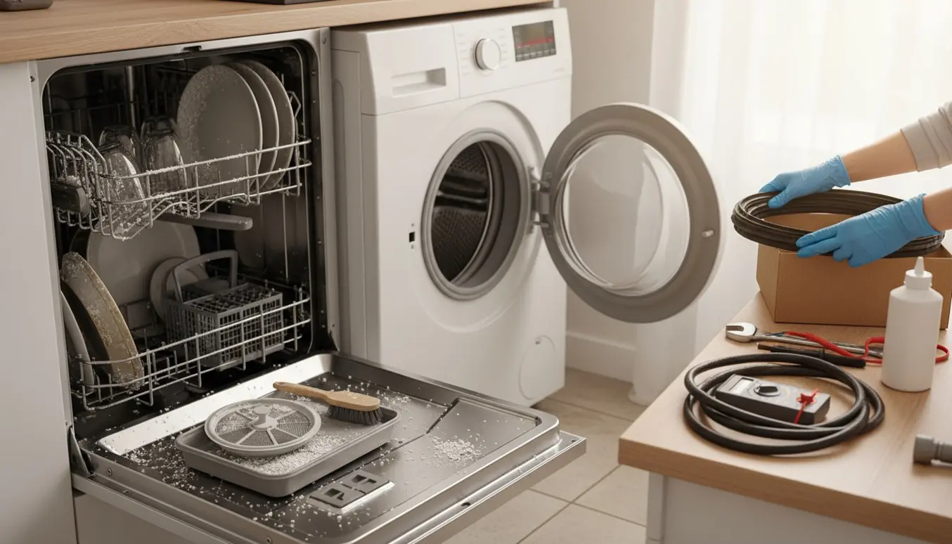 Tekniker arbejder på åben opvaskemaskine med kalkaflejringer og vaskemaskine mens en ny gummipakning ligger klar.