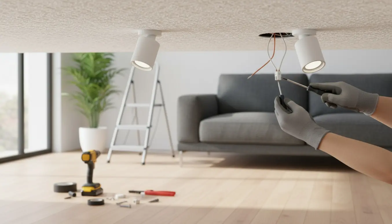 Hænder tilslutter to hvide Ikea Nymåne loftspots til loftets elinstallation med stige og værktøj i et lyst rum.